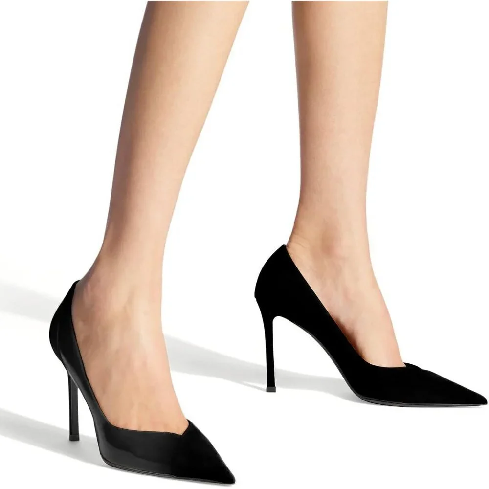 Women's Black Pointed Toe High Heels Pumps Patent Suede Stiletto Heel Slip on